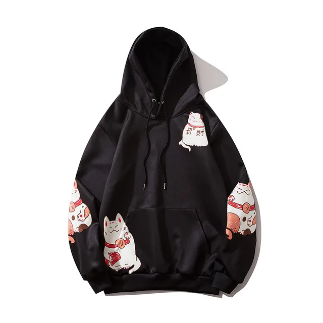 Hooded sweater men's and women's printed Lucky Cat Long Sleeve Shirt Black - Shop at LoveMi