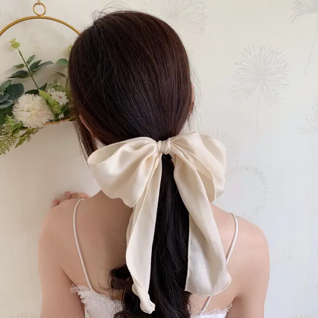 Silk satin oversized bow hair tie Beige Hair Clip - Shop at LoveMi