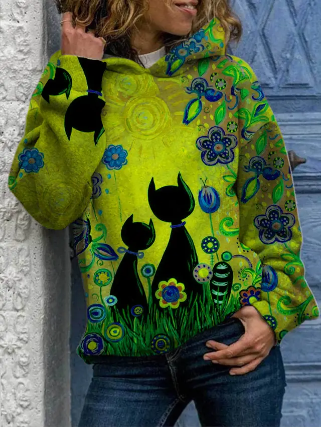 Comfortable printed Cat Sweater Green - Shop at LoveMi