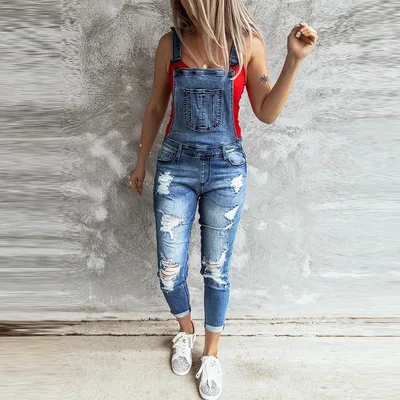 Summer New Style Women's Fashion Ripped Elastic Jeans Strap Trousers Light Blue - Shop at LoveMi