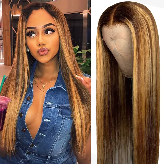 Straight Highlight Lace Front Wig Mid Section Dyeing Gradient Straight Hair - Shop at LoveMi