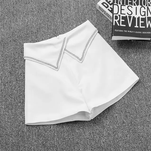 Cuffed high waist wide leg suit hot pants White - Shop at LoveMi