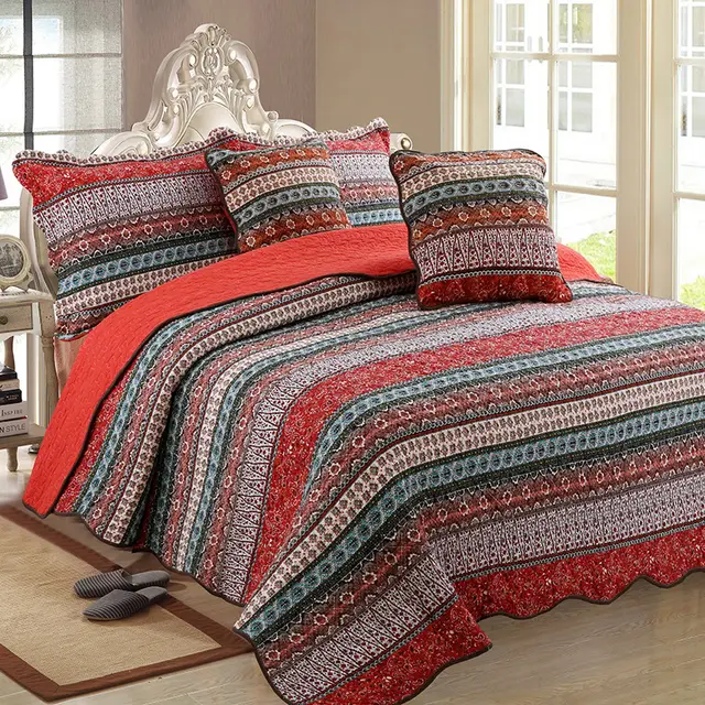 Three piece set of cotton and linen style cotton wash quilt Red2 Three Piece Suit - Shop at LoveMi