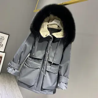 Fashion Hooded Faux Fur Collar Women's Clothing Big Pocket Down Jacket Female Winter Coat Woman - Grey Black