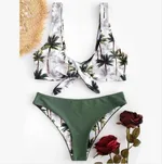 Coconut tree printing new bikini bow European and American split swimsuit - Green