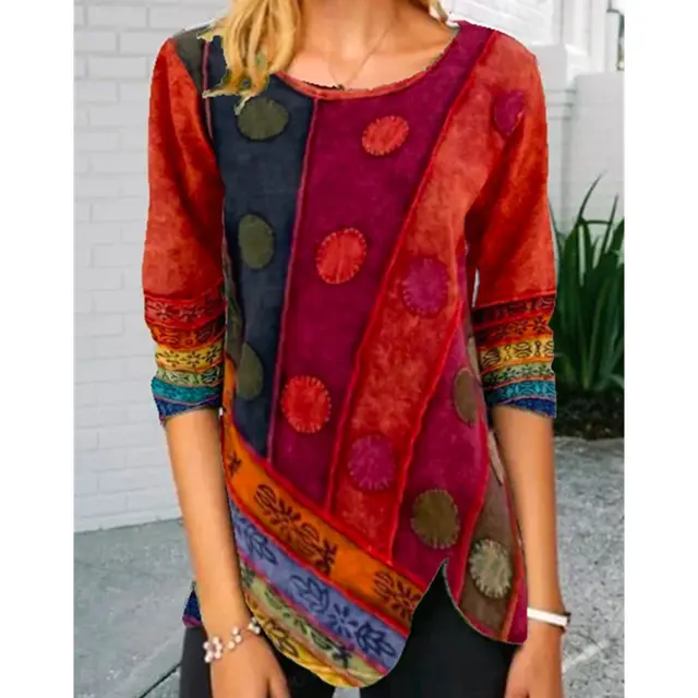 Ladies Stitching Printed Multicolor Long sleeved Casual Tops Red - Shop at LoveMi