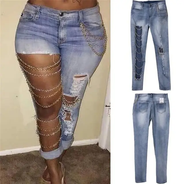 Women's exaggerated big ripped jeans Blue - Shop at LoveMi