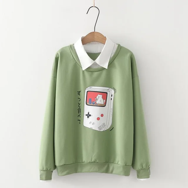 Two piece female student sweater with printed lapel Green - Shop at LoveMi