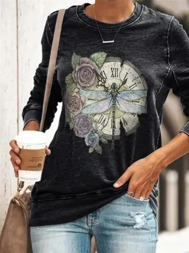 Dragonfly print round neck long sleeve women's T shirt Black - Shop at LoveMi