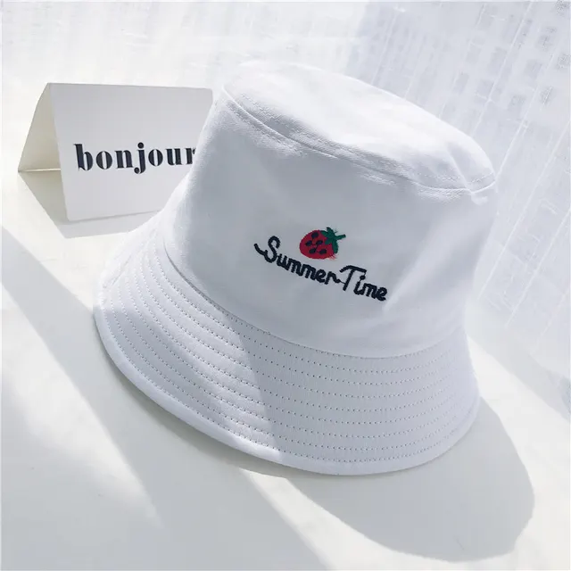 Solid Color Hat Strawberry Embroidery Fisherman Hat Sun Protection Sunshade Strawberry White - Shop at LoveMi