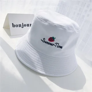 Solid Color Hat Strawberry Embroidery Fisherman Hat Sun Protection Sunshade - Strawberry White