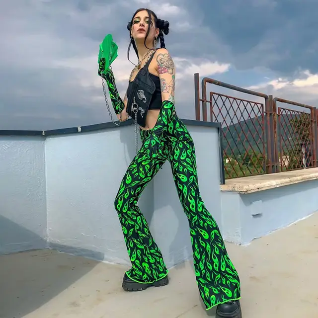European and American print green flared trousers Green - Shop at LoveMi