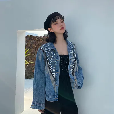 Heavy Industry Beaded Diamond Tassel Short Denim Jacket Blue - Shop at LoveMi