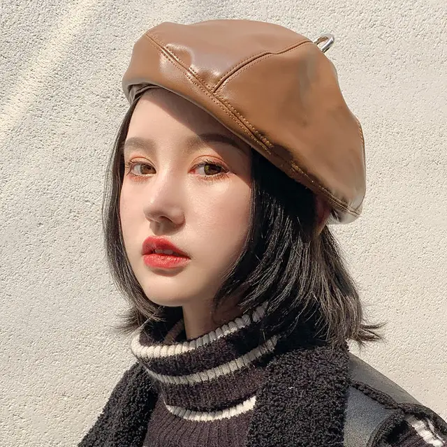 Leather beret lady European fashion pumpkin painter hat Khakia - Shop at LoveMi