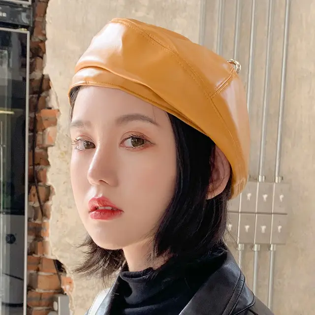 Leather beret lady European fashion pumpkin painter hat Yellowa - Shop at LoveMi