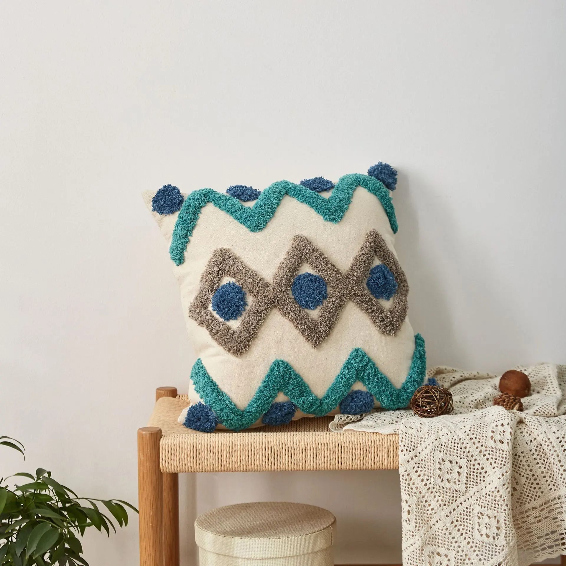 Tufted pillow tassel ins retro style sofa cushion bed head pillow cover - Cyan Blue