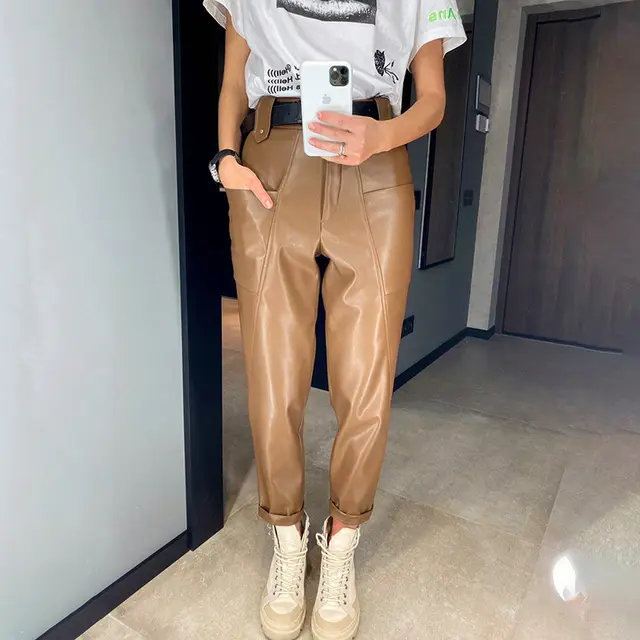 European and American fashion big pocket leather pants Brown - Shop at LoveMi