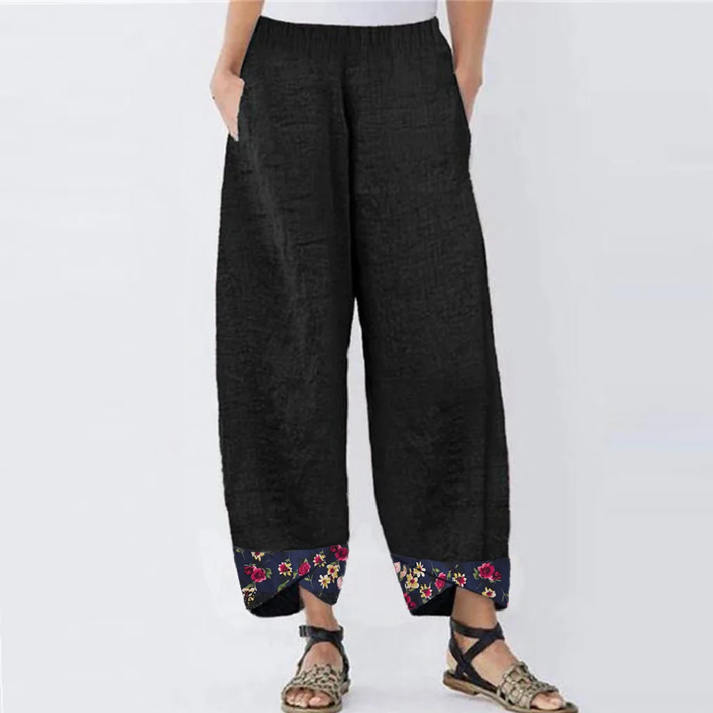 Pure color striped loose casual straight leg pants - Black