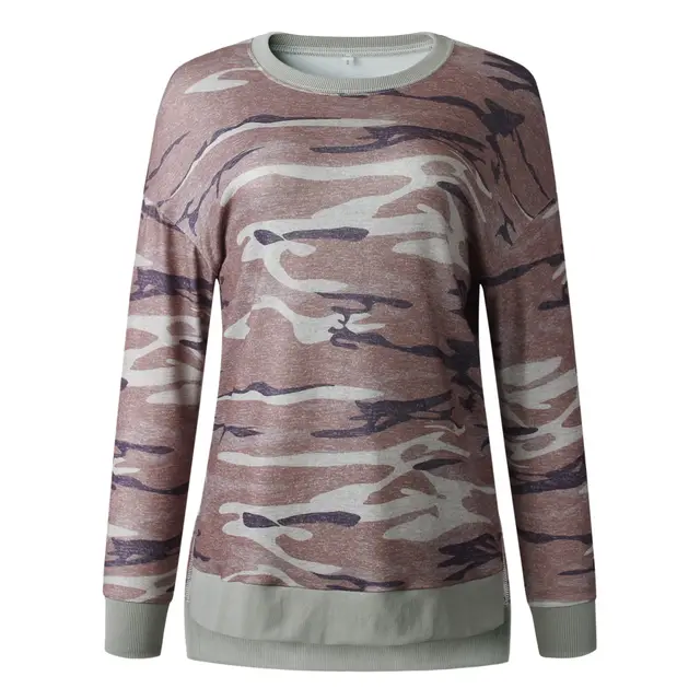 Leopard print round neck irregular long sleeved blouse Light Coffee - Shop at LoveMi