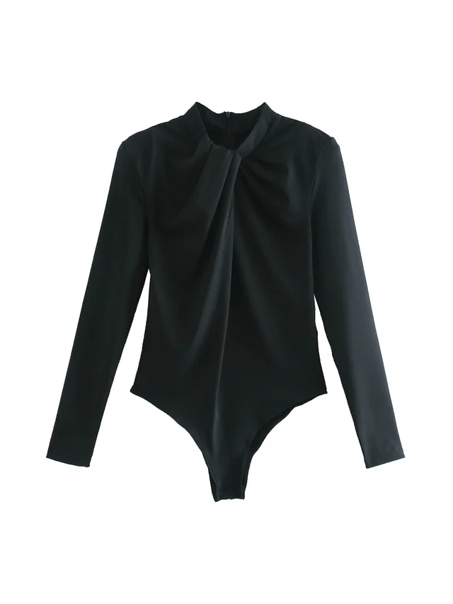 Long sleeved knotted shoulder pad bodysuit Black - Shop at LoveMi