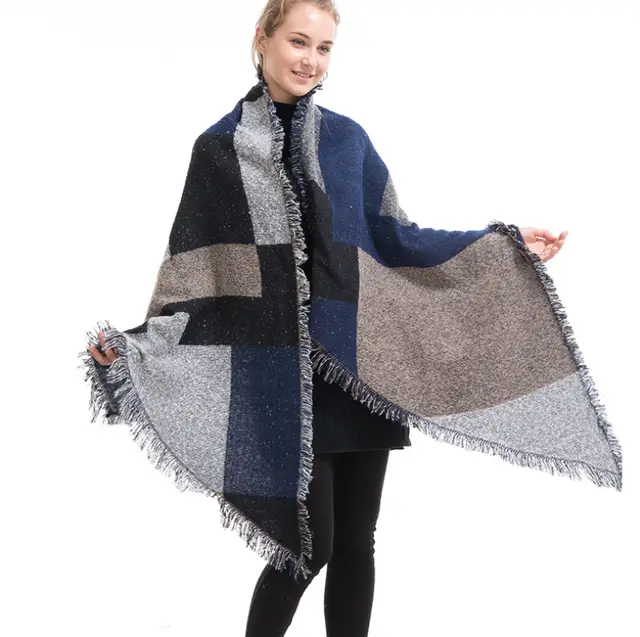 Foreign trade hot women's cashmere scarf plaid shawl warm thick autumn and winter European station cross border supply Blue - Shop at LoveMi
