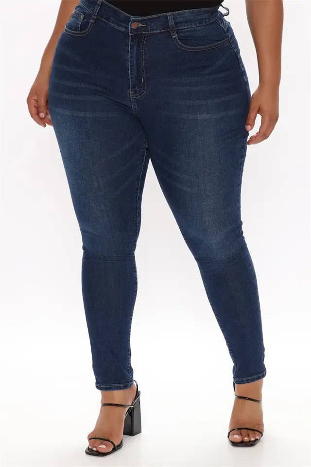 Plus Size Pencil Slim Jeans Stretch Women's Denim Pants Blue Blue - Shop at LoveMi