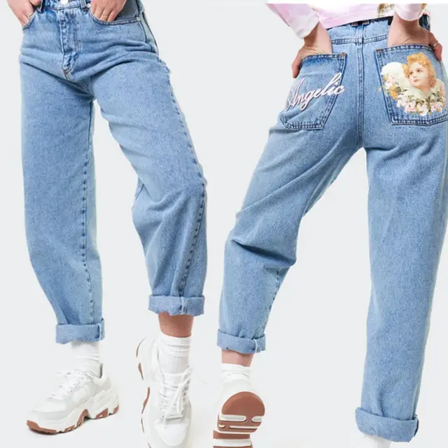 Female angel print loose and thin high waist all match denim harem pants Blue - Shop at LoveMi