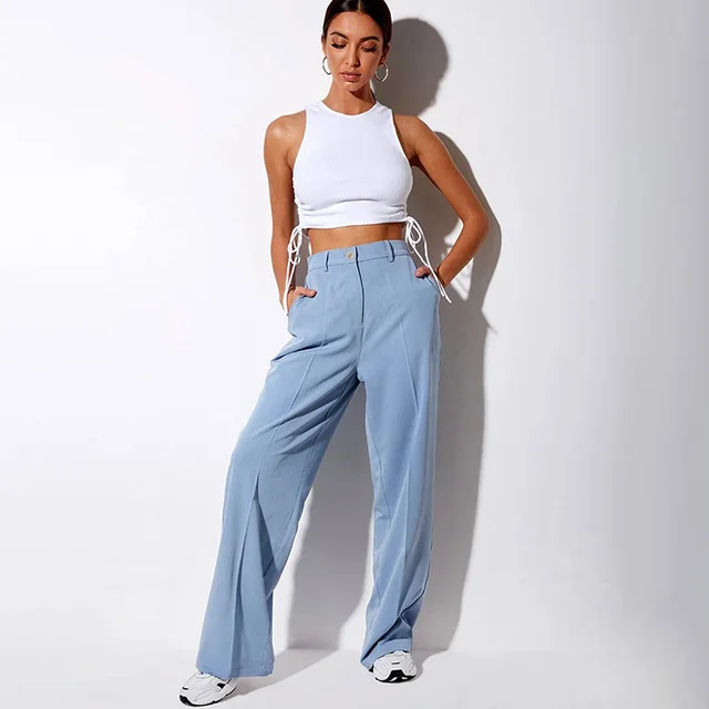 All match solid color slim long pants women Blue - Shop at LoveMi