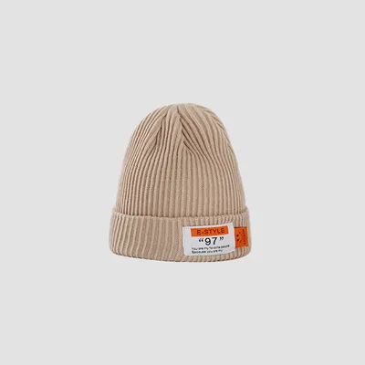 Letter Labeling Ear Protection Wool Knitted Hat Women Beige - Shop at LoveMi