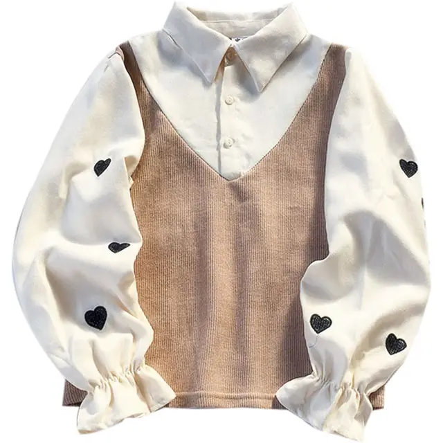 Love embroidery cute girly heart long sleeve shirt Coffee - Shop at LoveMi