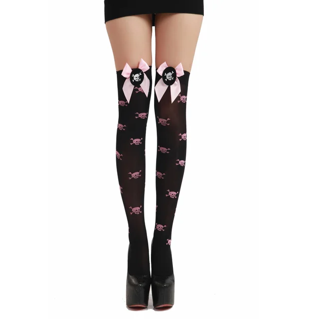 Bowknot lace skull over the knee long tube stockings Pink - Shop at LoveMi