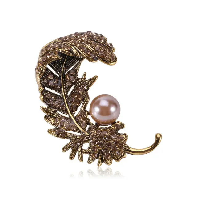 Fashion pearl rhinestone feather brooch Gold - Shop at LoveMi