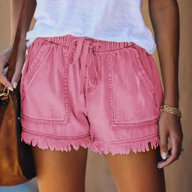 Fringed Elastic Waist Denim Shorts Rose Red - Shop at LoveMi