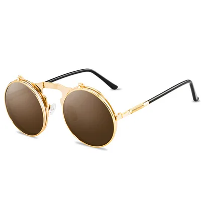 Fashion Round Frame Flip Senior Sunglasses Gold Tea - Shop at LoveMi