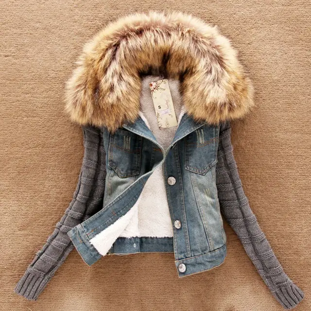 Autumn New cowboy jacket Large fur collar hooded wool sleeve denim jacket Plus size S 5XL ladies fashion jacket Default - Shop at LoveMi