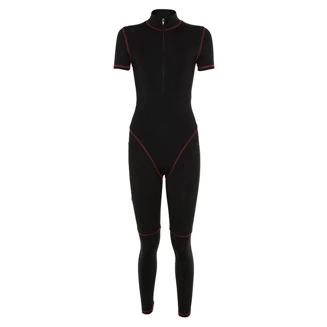 Slim fit contrast zip skinny jumpsuit Black - Shop at LoveMi