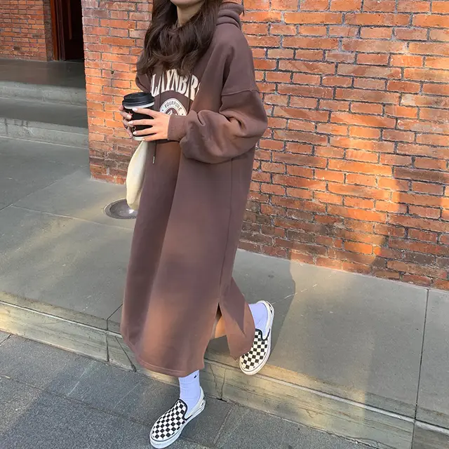 Fashion Loose And Thin hooded Plus Velvet Thickened Knee length Sweater Dress Brown - Shop at LoveMi