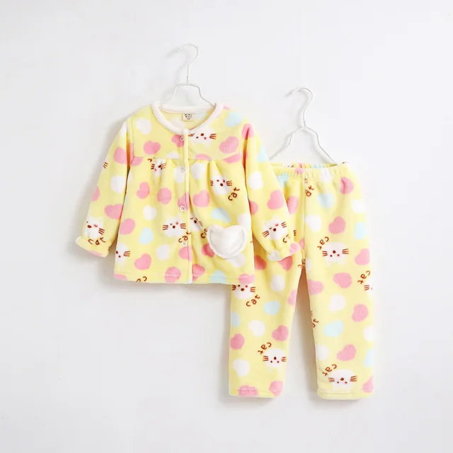 Flannel thickening girls' flannel autumn children's pajamas Yellow - Shop at LoveMi