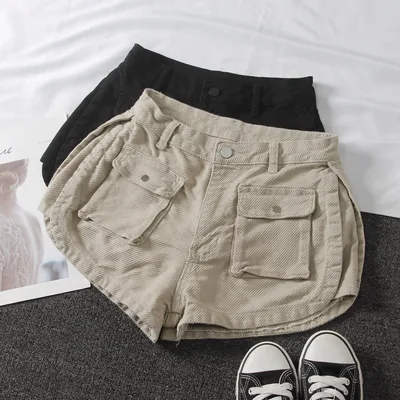 Washed white small pocket denim shorts Beige - Shop at LoveMi