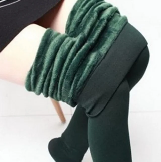 Fleece Leggings Winter Warm Thick High Stretch Plus Velvet Skinny Fitness Woman Pants Suitable Weight 45 75kg Dark Green - Shop at LoveMi