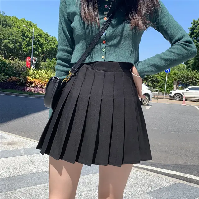 Female Autumn And Winter Student High waisted A line Pleated Skirt Black Short - Shop at LoveMi