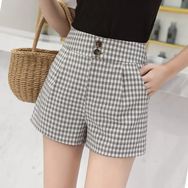 High waist plaid wide leg shorts Green Grid - Shop at LoveMi