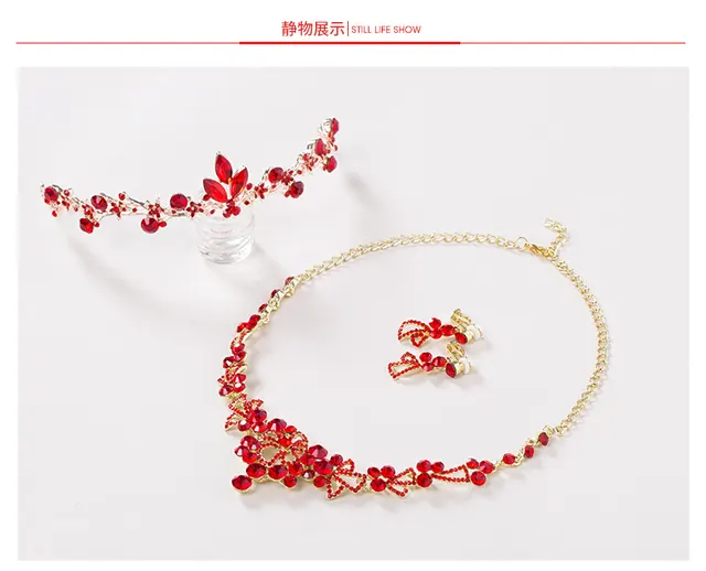 Bridal jewelry, red necklace, earrings, three sets of toast, clothing accessories 3 Pieces - Shop at LoveMi