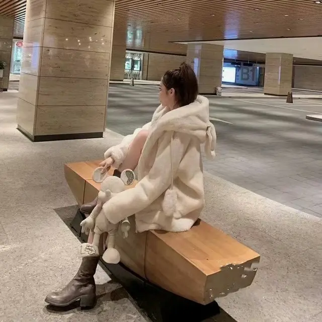 Warm Medium Length Lovely Hooded Coat Fur Coat White - Shop at LoveMi
