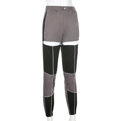 Metal buckle hollow stitching contrast color casual pants Grey - Shop at LoveMi