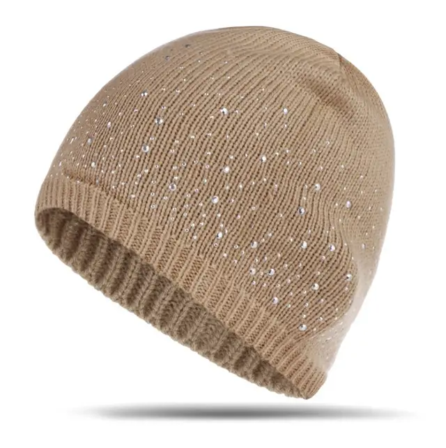 Europe and the United States new ladies multi color point drill head knit hat autumn and winter knit hat warm wool hat Khaki - Shop at LoveMi