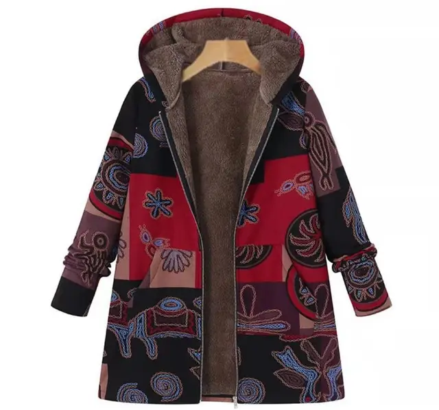 Fleece cotton coat ethnic print hooded jacket Red - Shop at LoveMi
