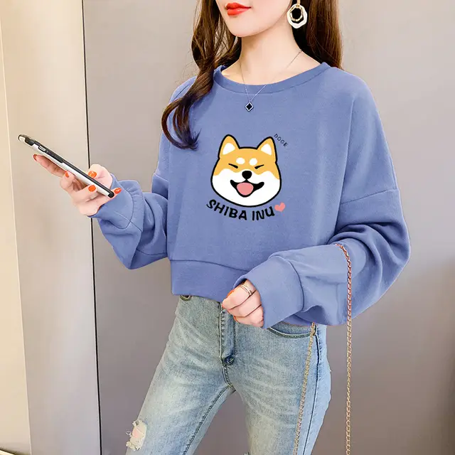 Women's high waist round neck short hoodless sweater Blue - Shop at LoveMi