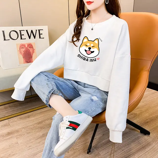 Women's high waist round neck short hoodless sweater White - Shop at LoveMi