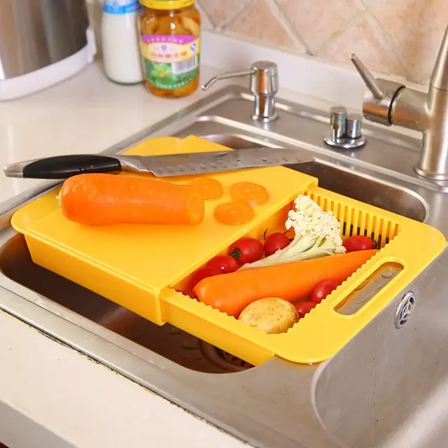 Multifunction Kitchen Chopping Blocks Sinks Drain Basket Cutting Board Vegetable Meat Tools Kitchen Accessories Chopping Board Yellow - Shop at LoveMi
